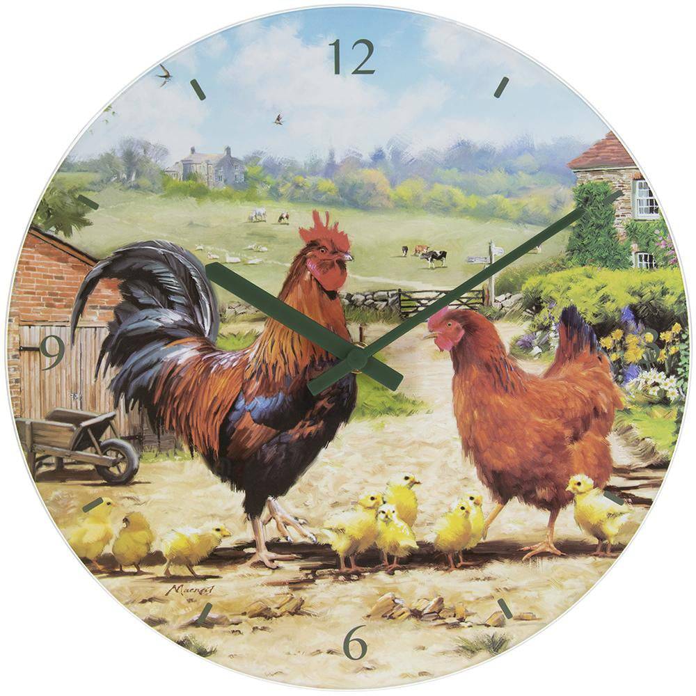 Cockerel & Hen Glass Clock - 30cm 5010792941769 only5pounds-com