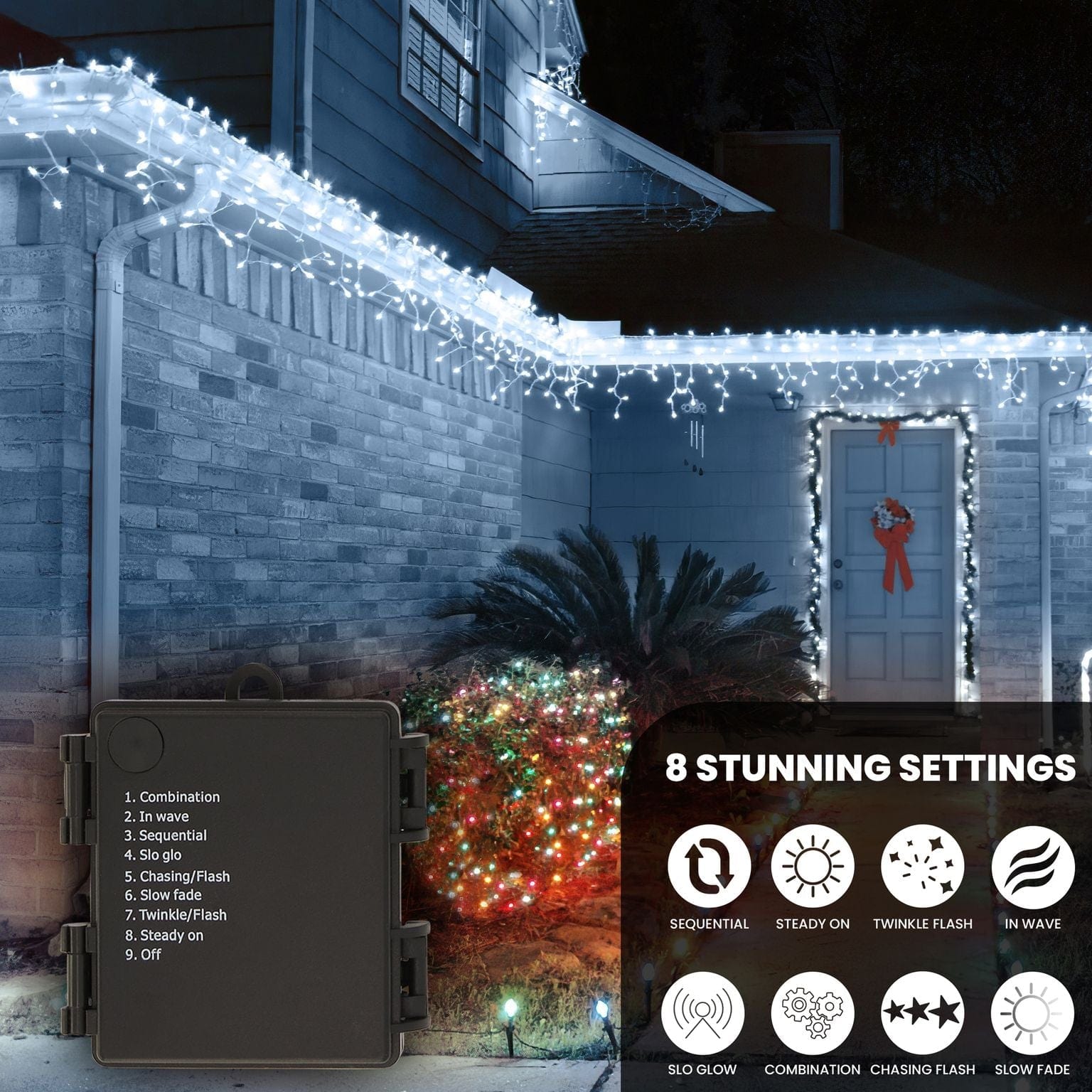 Battery Operated 8 Function LED Icicle Lights (180 Lights ) - White Lights 5056150236498 only5pounds-com