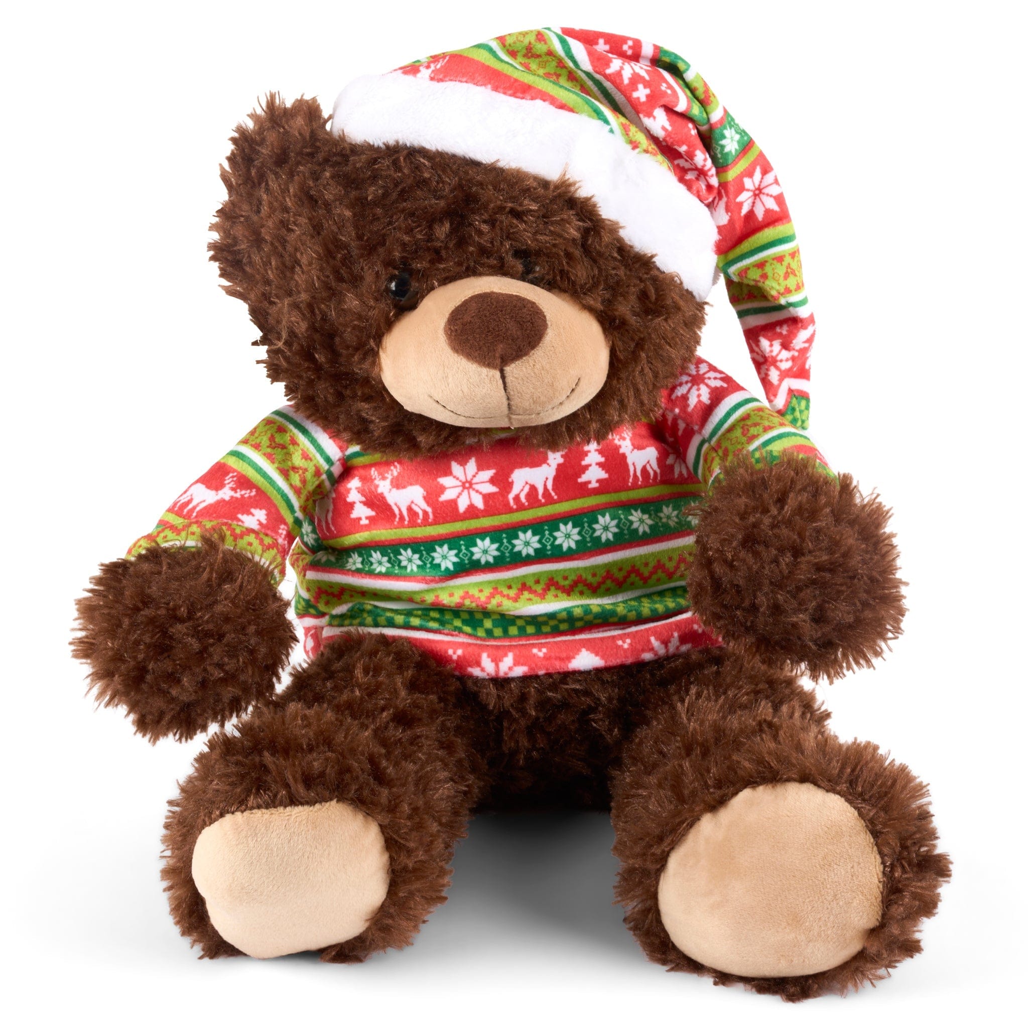 Fluffy Christmas Plush Bear Toy With Christmas Jumper & Hat -  48cm Brown 5051516802850 only5pounds-com