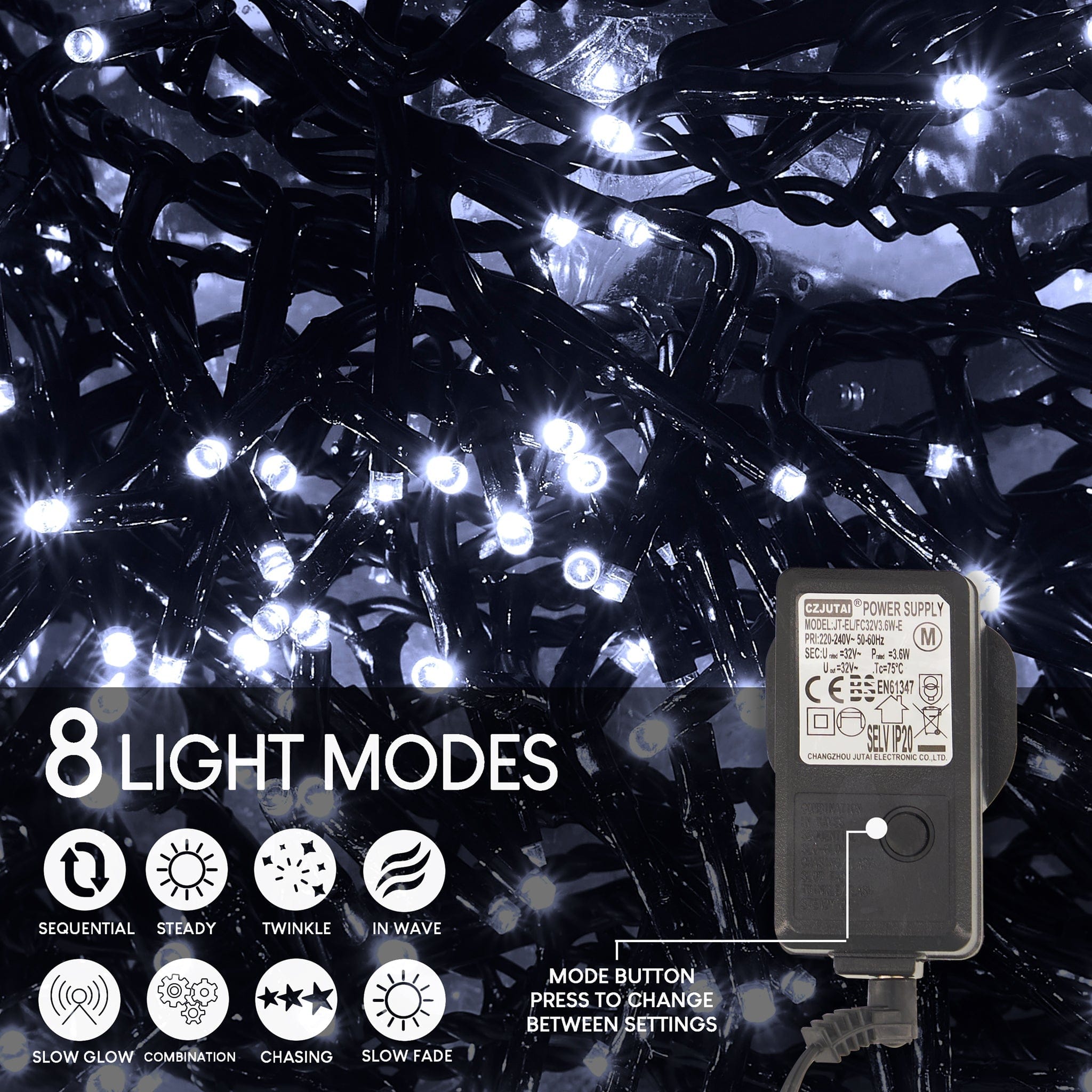 Indoor/Outdoor 8 Function LED Waterproof Cluster Fairy Lights with Black Cable (280 Cluster Lights - 17.5M Cable) - White Lights 5056150226413 only5pounds-com