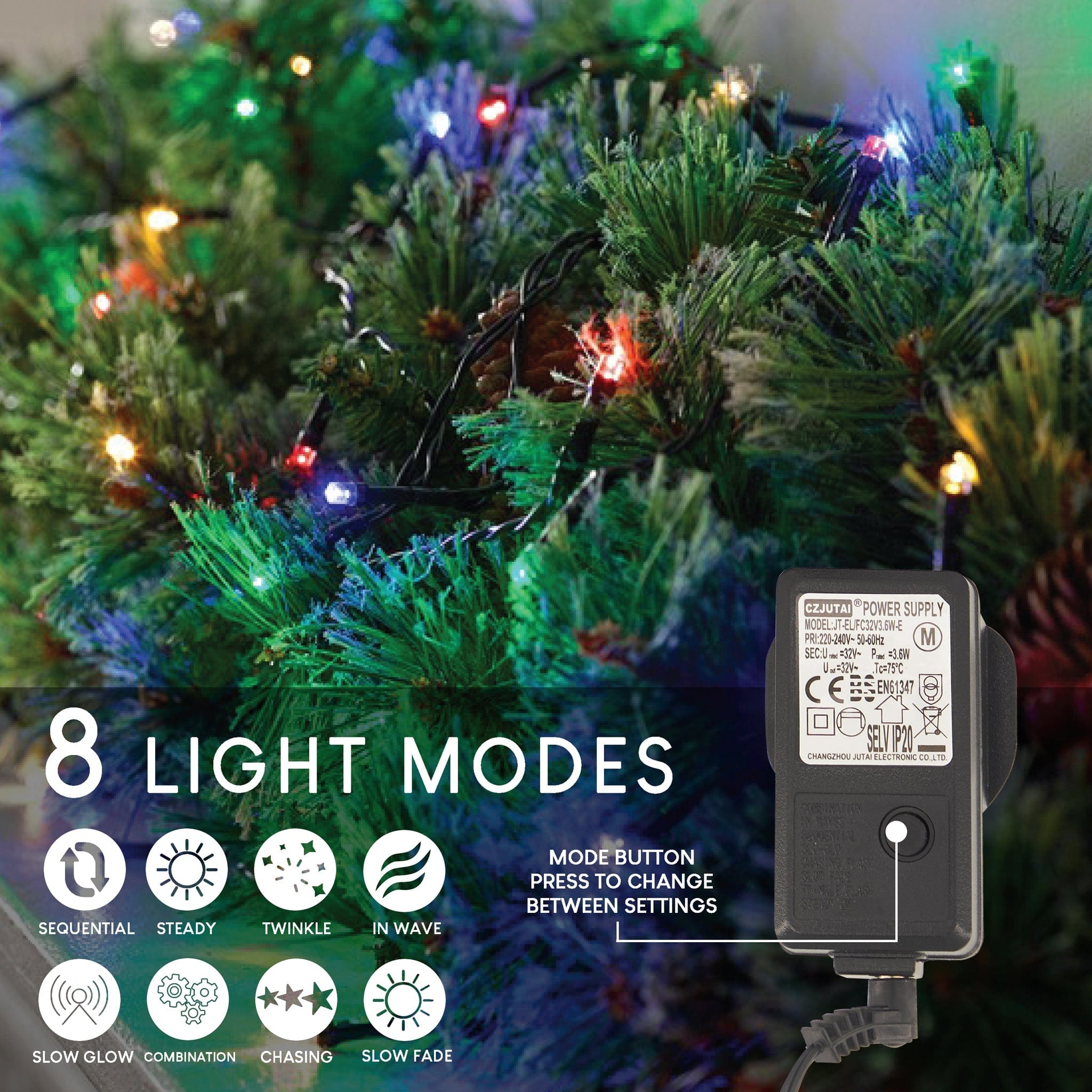 Indoor/Outdoor 8 Function LED Waterproof Cluster Fairy Lights with Green Cable (280 Cluster Lights - 17.5M Cable) - Multicoloured Lights 5056150226390 only5pounds-com