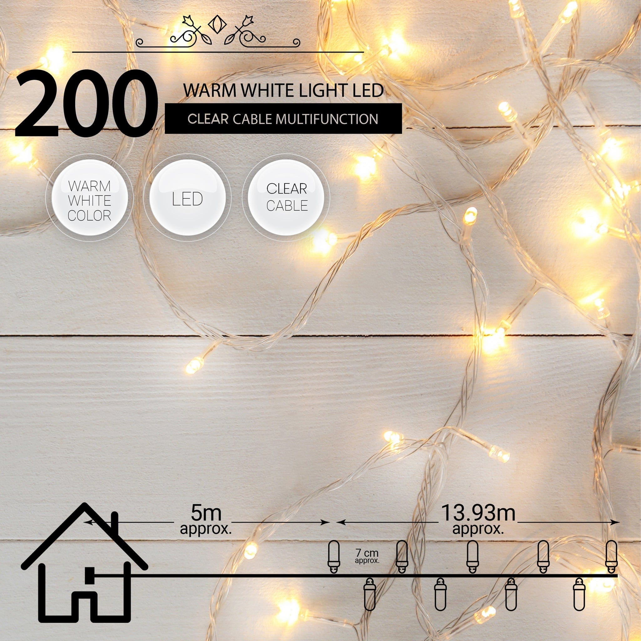 Indoor/Outdoor 8 Function LED Waterproof Fairy Lights with Clear Cable (200 Lights - 18M Cable) - Warm White 8800225807109 only5pounds-com