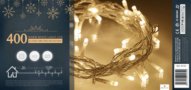 Indoor/Outdoor 8 Function LED Waterproof Fairy Lights with Clear Cable (400 Lights - 32M Cable) - Warm White Lights 8800225809929 only5pounds-com
