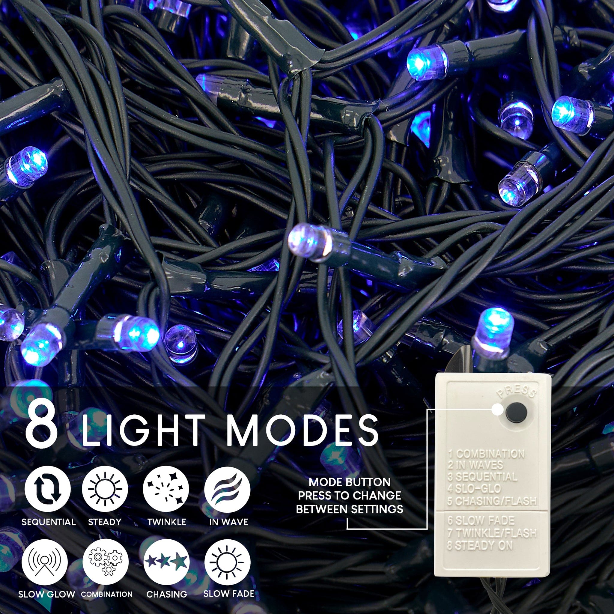 Indoor/Outdoor 8 Function LED Waterproof Fairy Lights with Green Cable (1000 Lights - 35M Cable) - Blue Lights 5056150226222 only5pounds-com