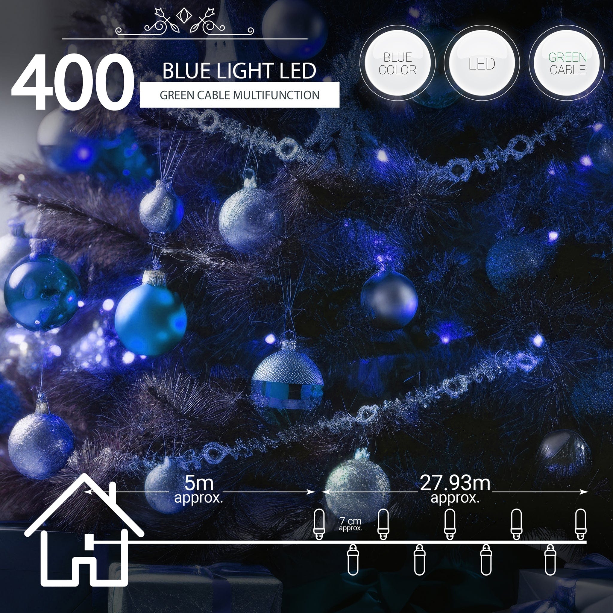 Indoor/Outdoor 8 Function LED Waterproof Fairy Lights with Green Cable (400 Lights - 32M Cable) - Blue Lights 8800225809639 only5pounds-com