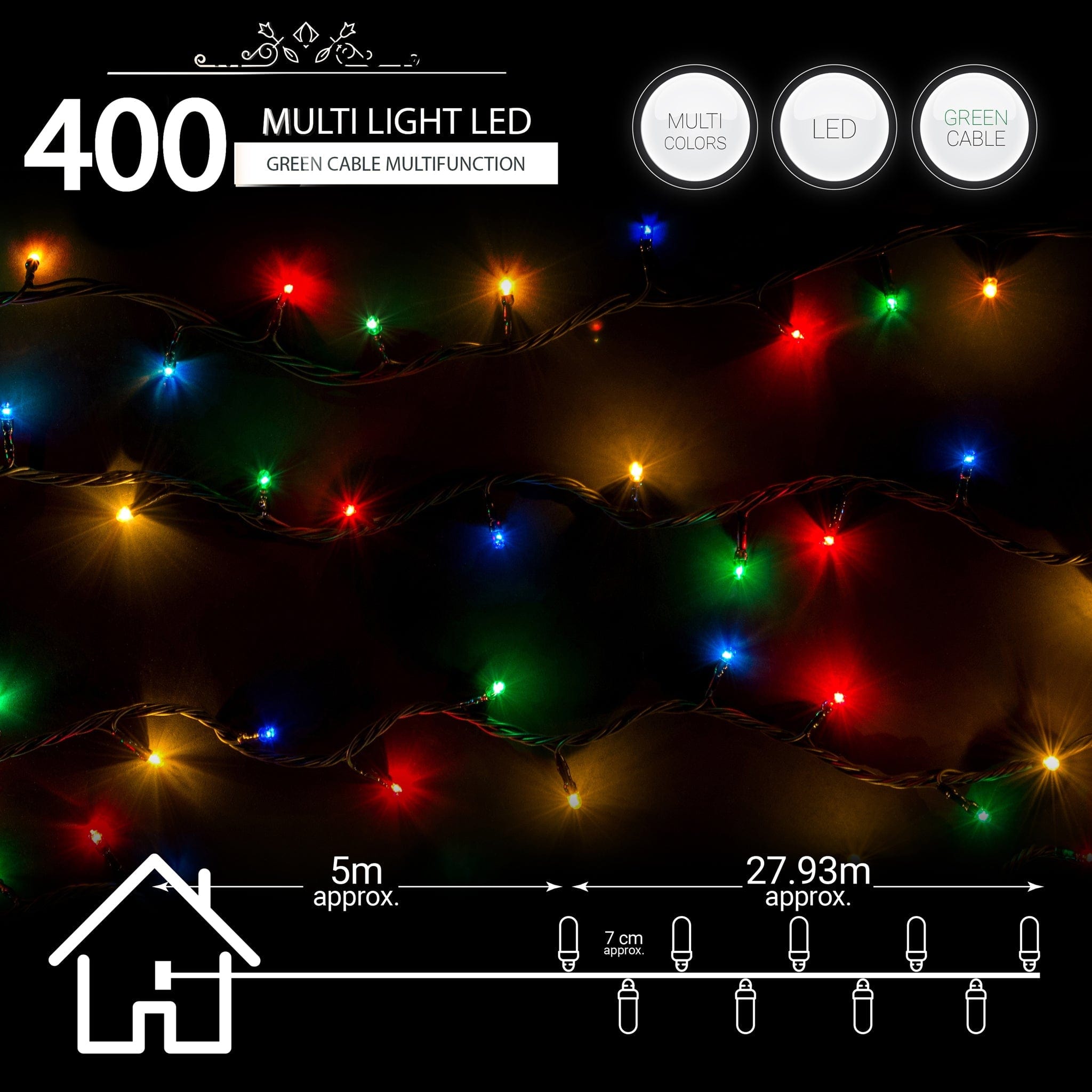 Indoor/Outdoor 8 Function LED Waterproof Fairy Lights with Green Cable (400 Lights - 32M Cable) - Multicoloured Lights 8800225810079 only5pounds-com