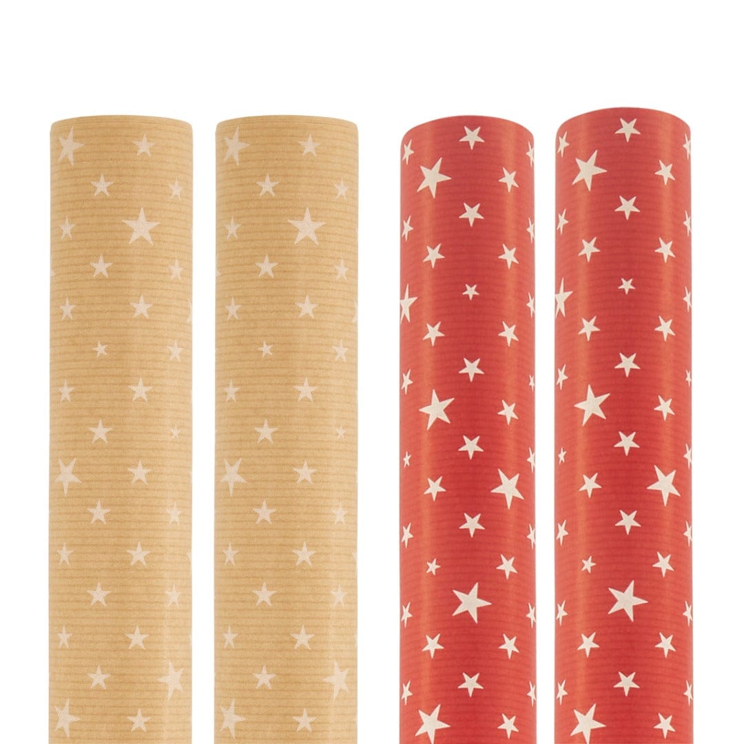 Red or Natural Stars Kraft Wrapping Paper - Singles or 4 Pack - 2m Roll Pack of 4 ( 2 x Natural & 2 x Red) 5012213535625 only5pounds-com