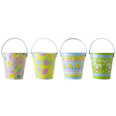 4Asstd Printed Easter Tin Candy Buckets 5050565438409 only5pounds-com