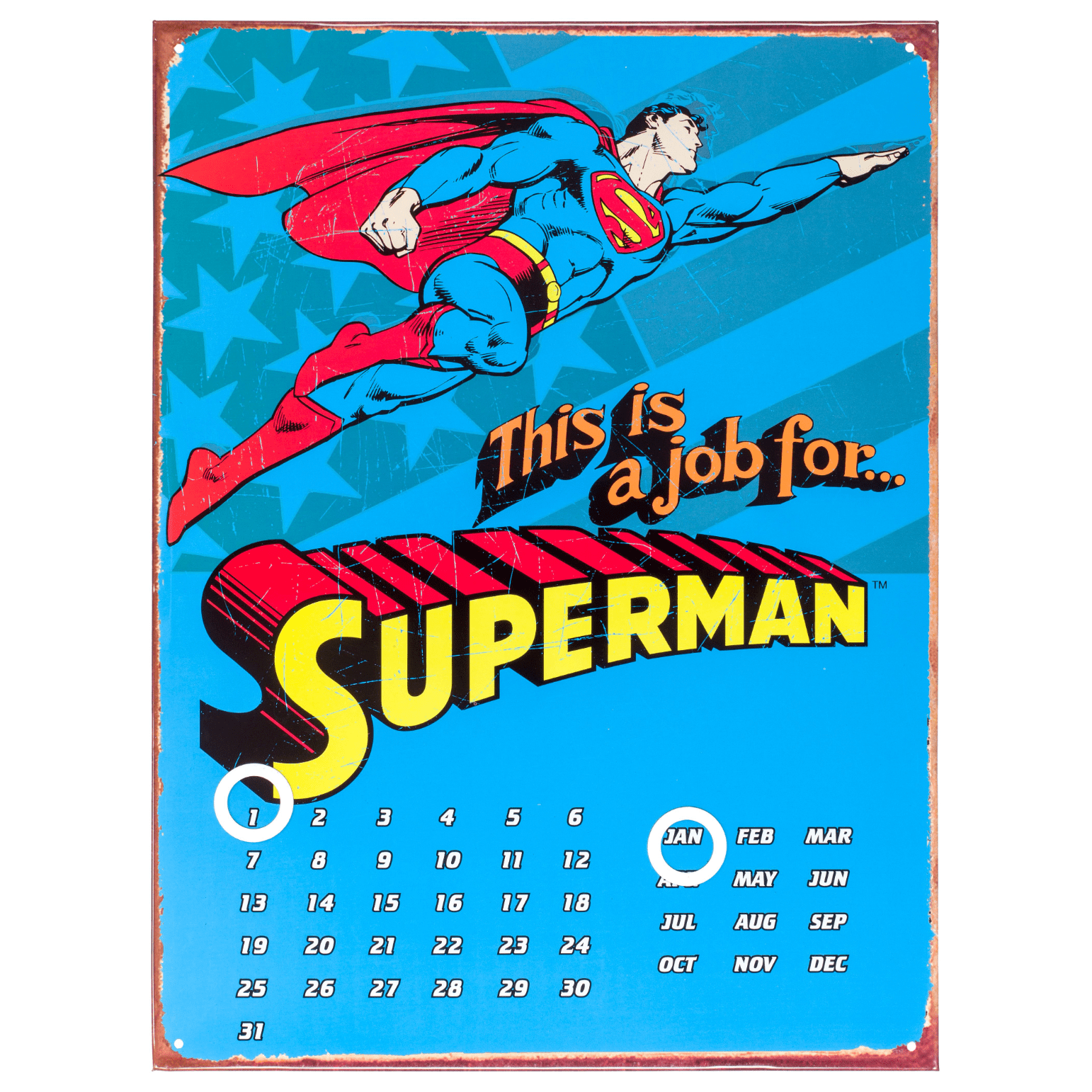 Blue Superman Flying Metal Calendar - 30 x 41cm only5pounds-com