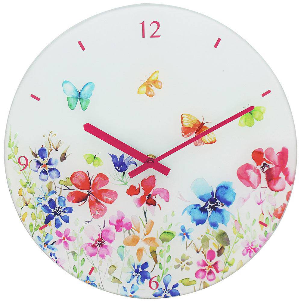 Butterfly Meadow Glass Clock - 30cm 5010792462523 only5pounds-com