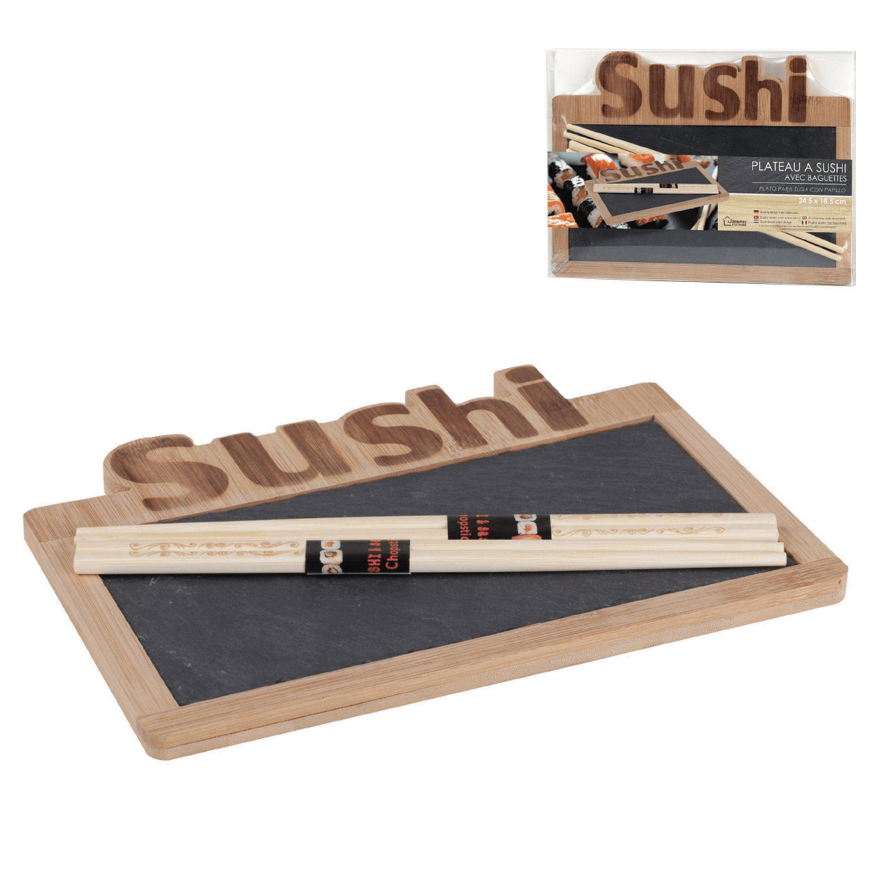 Slate and Bamboo Sushi Board With Chop Sticks (25 x 19cm) 5602029249672 only5pounds-com