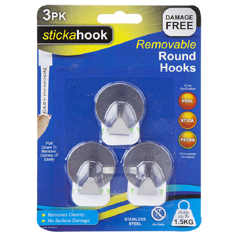 Stickahook Removable Round Hooks - Pack of 3 5050565395290 only5pounds-com