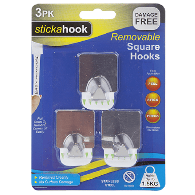 Stickahook Removable Square Silver Hooks - Pack of 3 5050565395306 only5pounds-com