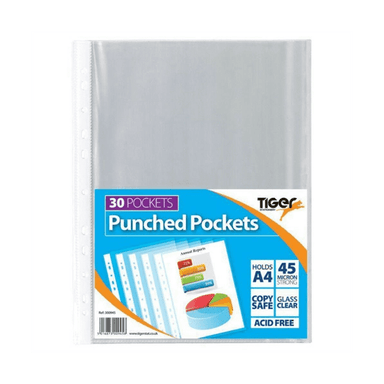 Tiger A4 Pockets Punched Pockets - Pack of 30. 5016873009458 only5pounds-com