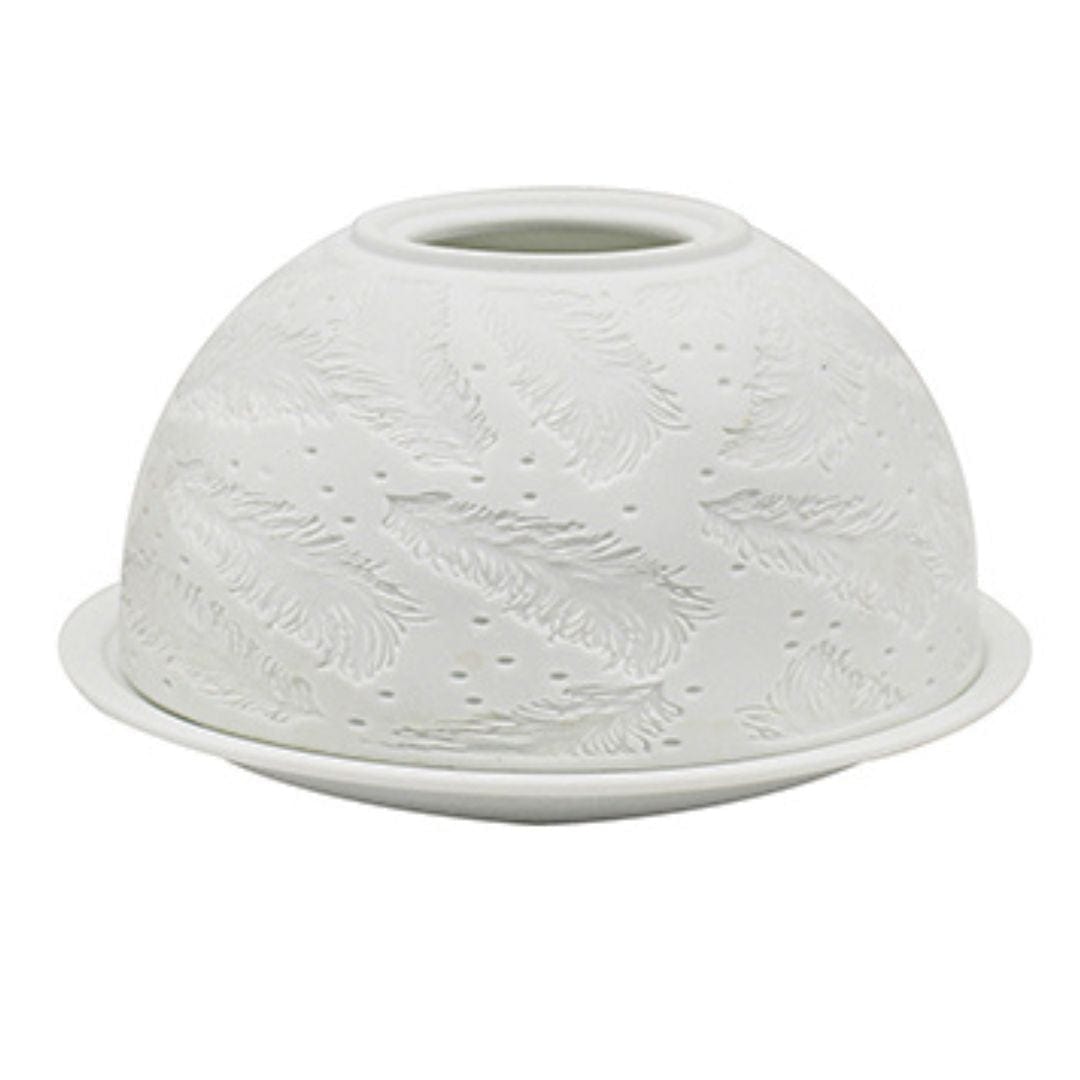 White Ceramic Dome Tea Light Holder - Feather - 12cm 5010792477916 only5pounds-com